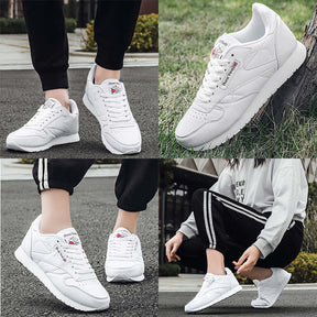 Couples Leather Sneakers Lace up Lightweight Cushioned Sport Shoes-White