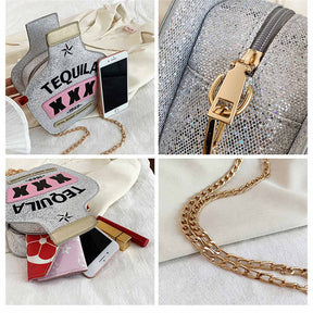 Tequila Bottle Shaped Laser Shoulder Handbags PU Crossbody Purse for Women-SequinSilver