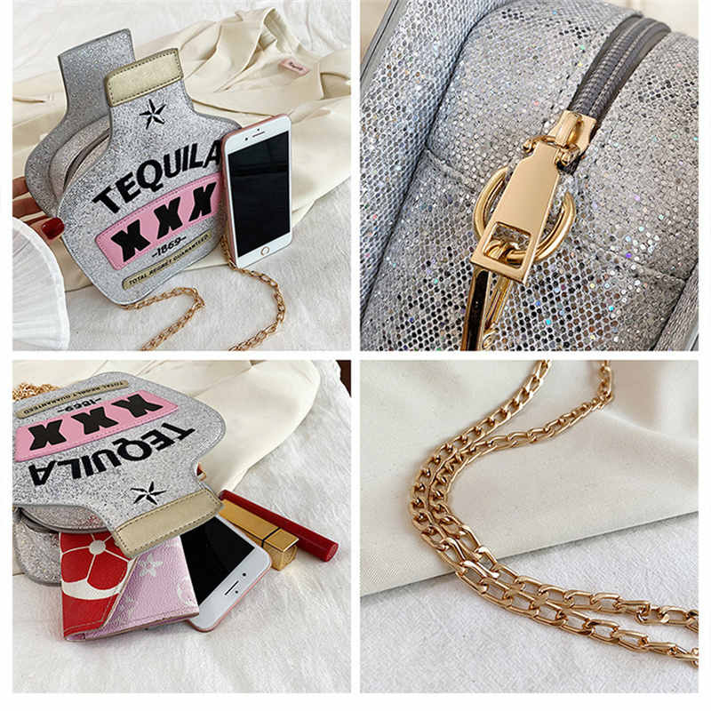 Tequila Bottle Shaped Laser Shoulder Handbags PU Crossbody Purse for Women-Gold