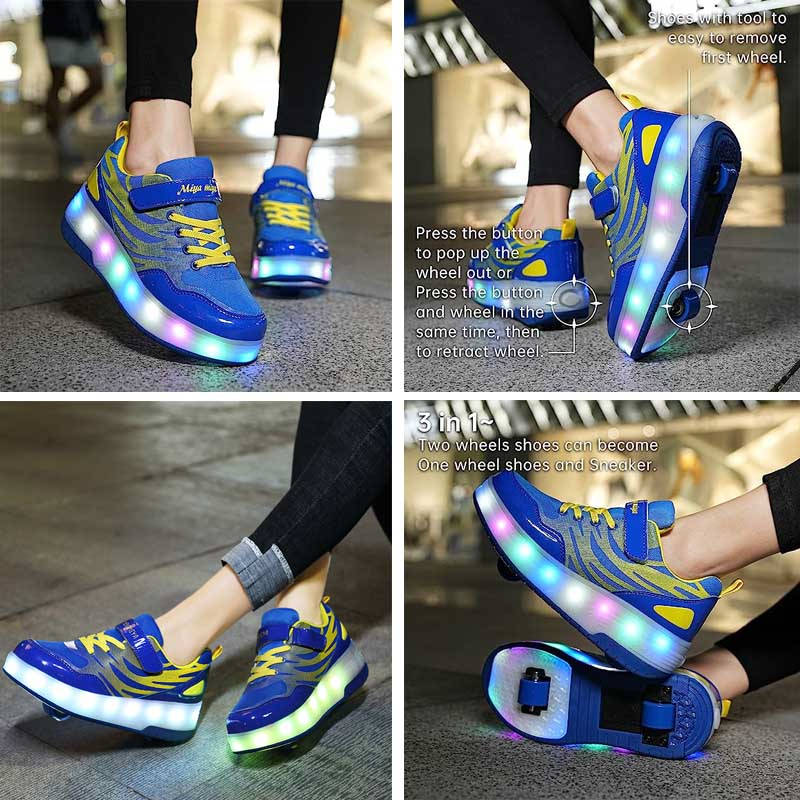 Kids Roller Skates Light up Shoes Sport Sneaker USB Chargable-Blue Yellow