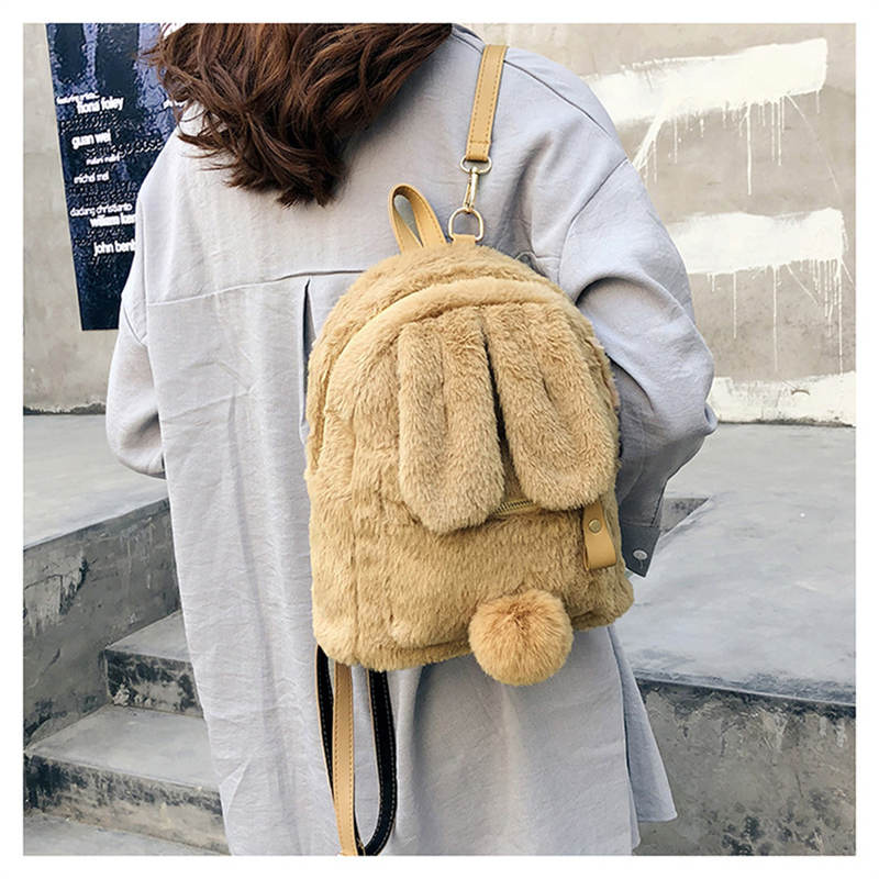 Women Cute Rabbit Ears Backpack Fluffy School Bag Satchel-Yellow