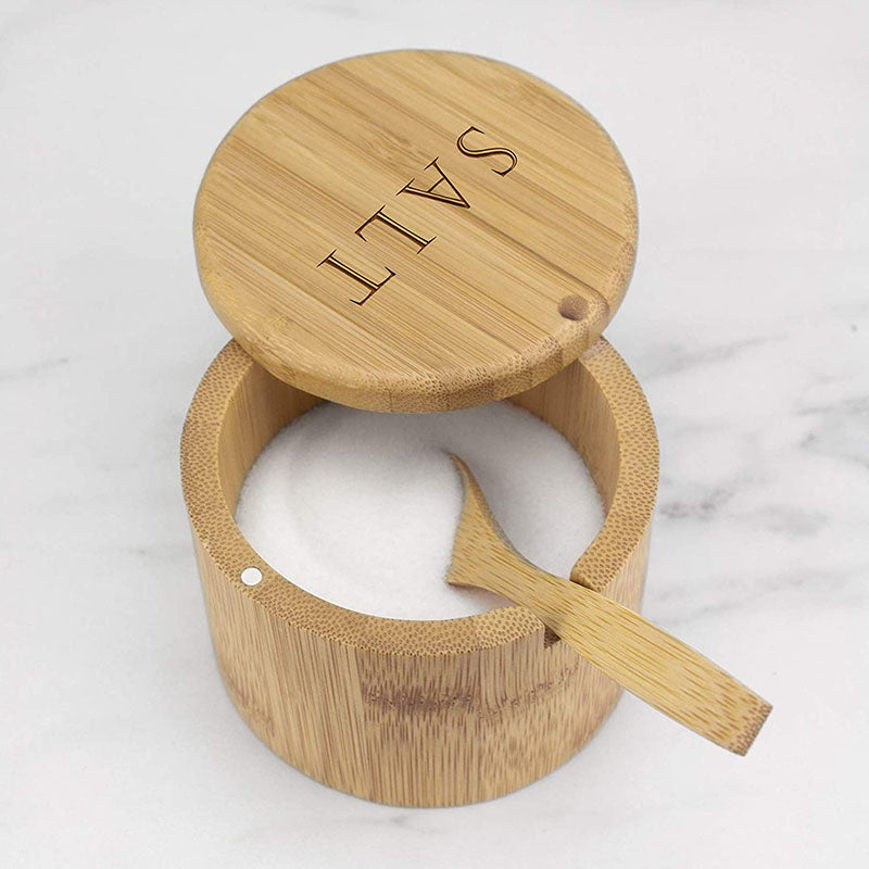 Totally Bamboo Salt Box Bamboo Storage Box with Magnetic Swivel Lid Salt Engraved on Lid with Bamboo Spoon