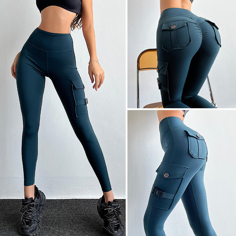 Womens Cargo Leggings with Flap Pockets Non See Through for Workout-Green