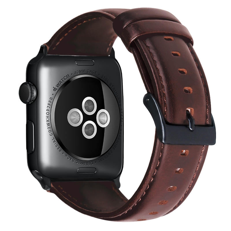 Oil Wax Genuine Leather Apple Watch Band for iWatch Series SE/6/5/4/3/2/1-RedBrown