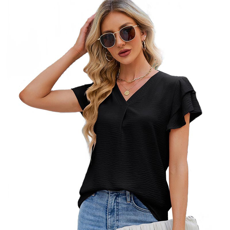 Womens Ruffle Short Sleeve Chiffon Blouses V Neck Solid Color Casual Top-Black