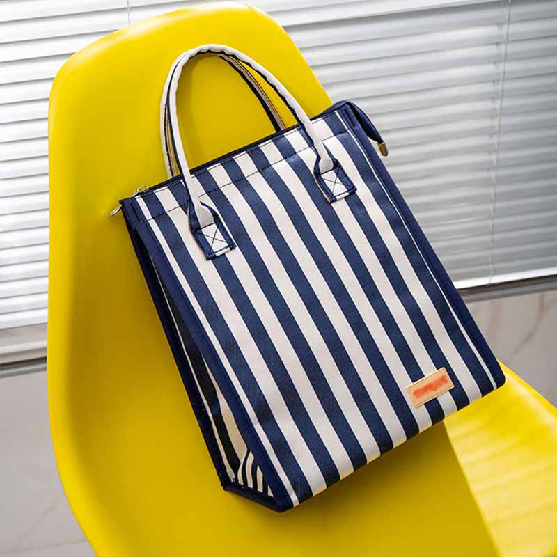 Waterproof Oxford Cloth Picnic Bag Insulated Lunch Bento Handbag-Blue Stripes