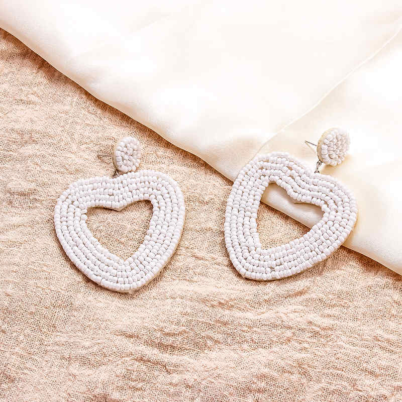 Heart Hoop Dangle Beaded Earrings-White