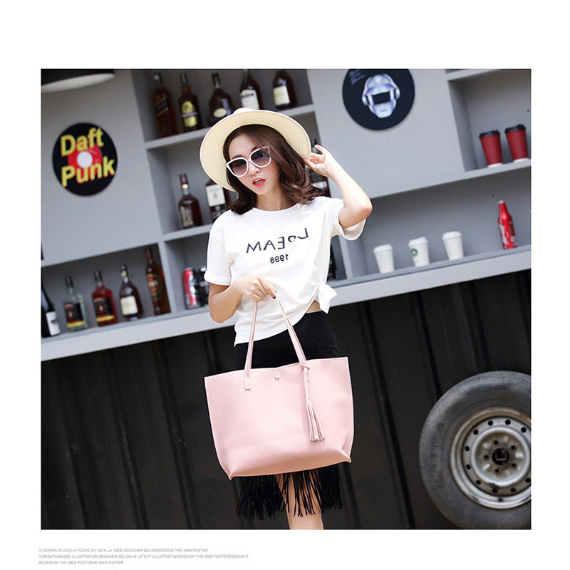 Womens Soft Leather Tote Shoulder Bag Big Capacity Tassel Handbag-Pink