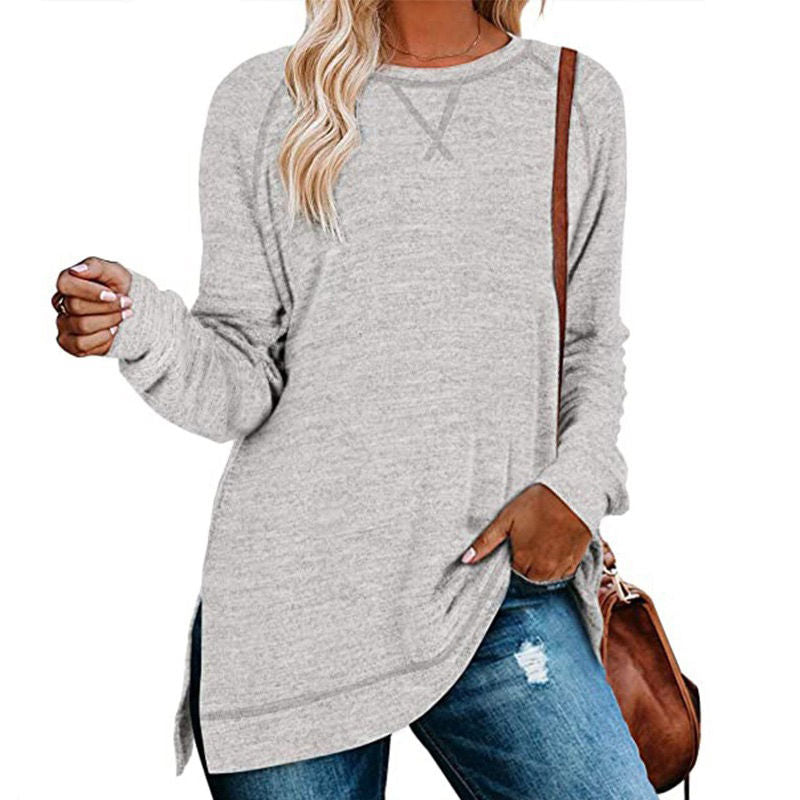 Womens Fall Crewneck Tunic Tops Loose Long Sleeve-Light Grey