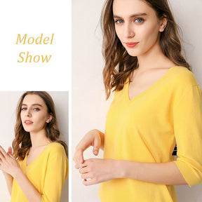 Womens V Neck Sweaters Soft Tops Knit Casual Solid Pullover-Yellow