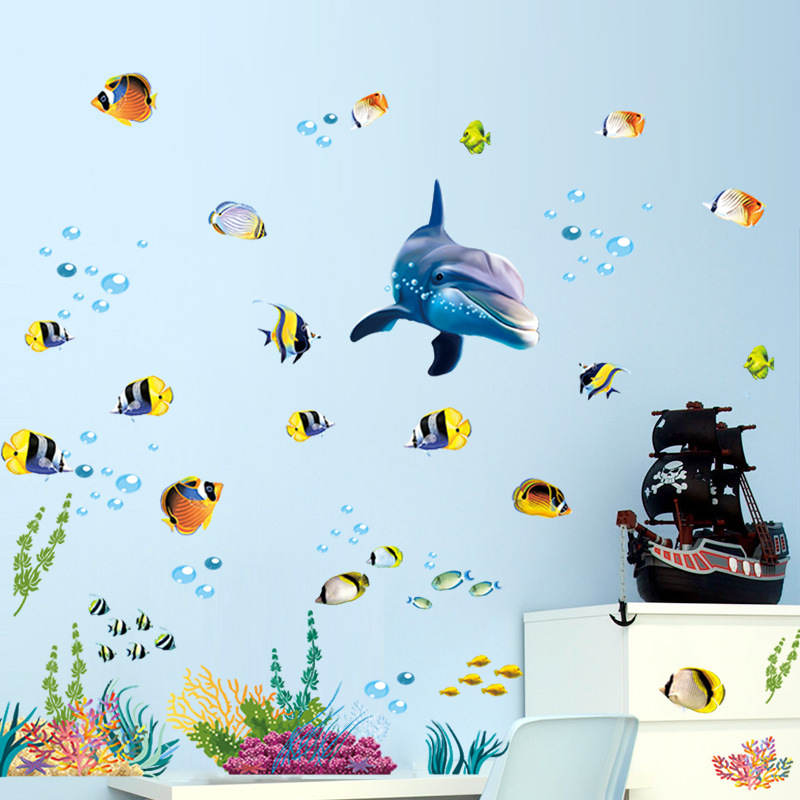 Removable Creative DIY 3D The World Under Sea Dolphin Seagrass Coral Home Art Wall Stickers for Kids Room