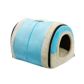 2 in 1 Foldable Cave House Shape Pet Sleeping Bed for Cats and Small Dogs-Blue