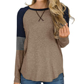 Womens Color Block Round Neck Tunic Top Casual Long Sleeve Shirt-Brown