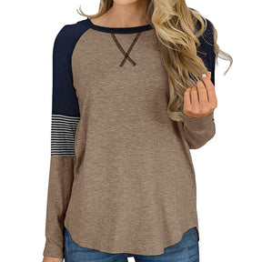 Womens Color Block Round Neck Tunic Top Casual Long Sleeve Shirt-Brown