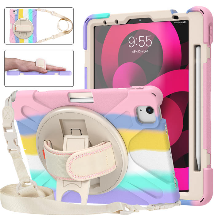 iPad Case With Pencil Stand+Rotating Stand+Shoulder Strap For iPad 10.9 inch Air4-Pink