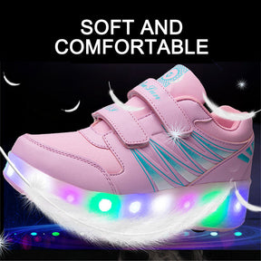 Kids Fashion Roller Shoes with Double Wheel USB Charging-Pink