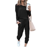 Women Loose Solid Color Long Sleeve Top Casual Drawstring Pants with Pockets-Black