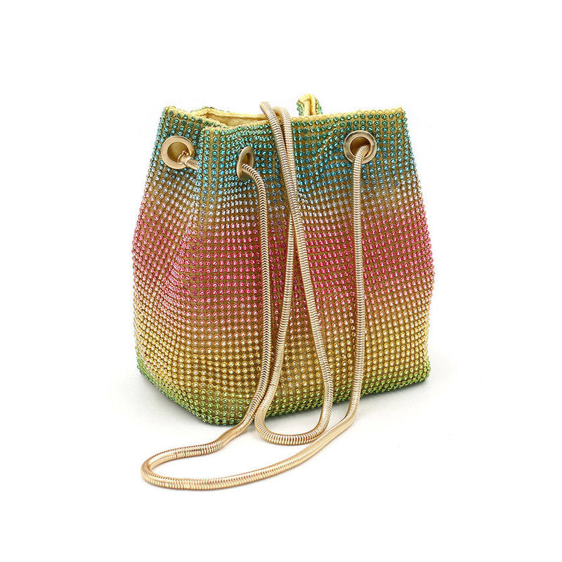 Womens Full Rhinestones Bucket Bag Evening Shinny Clutch Purse