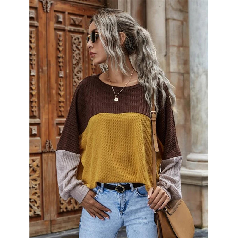 Women Waffle Color Block Sweatshirt Long Sleeve-Orange