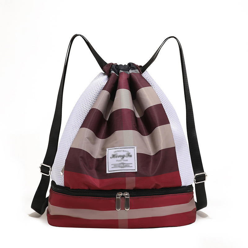 Womens Drawstring Bag Large Wet and Dry Separation Backpack-RedGrid