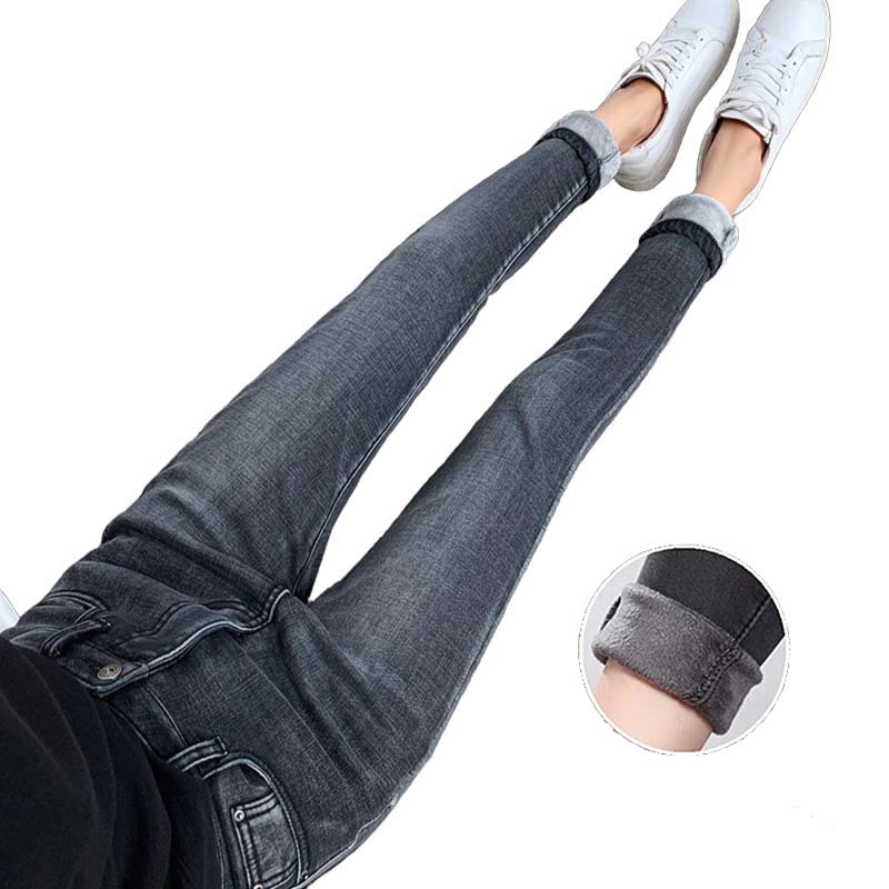 Womens Fleece Jeans with Pockets High Waist Stretch Pants-1698-Retro Gray