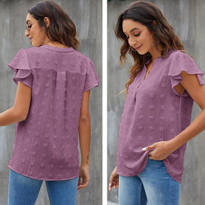 Womens Ruffle Shirts V Neck Short Sleeve Pom Chiffon Blouses Tops-Purple