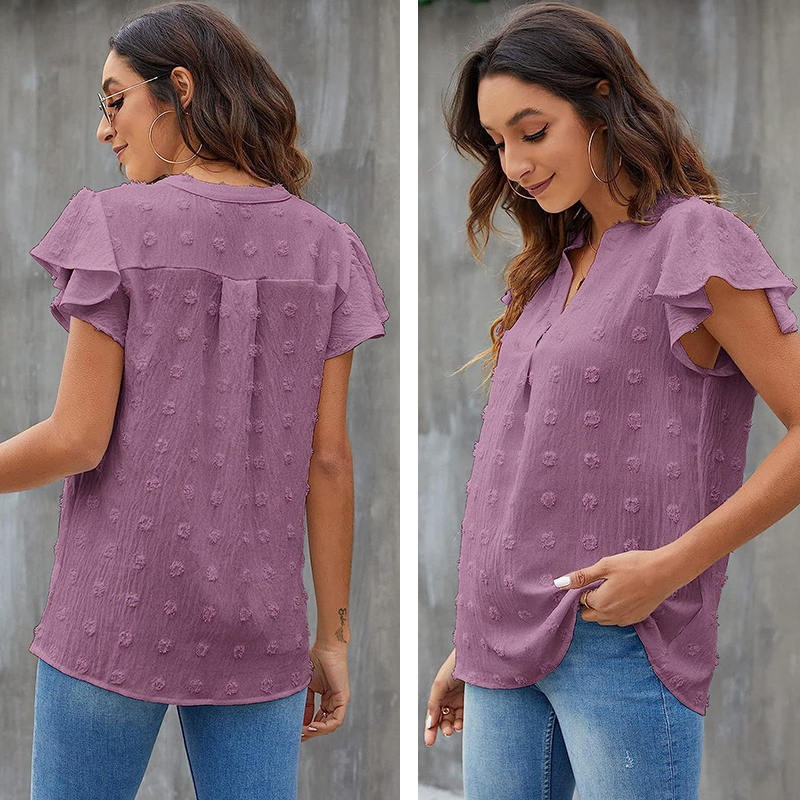 Womens Ruffle Shirts V Neck Short Sleeve Pom Chiffon Blouses Tops-Purple