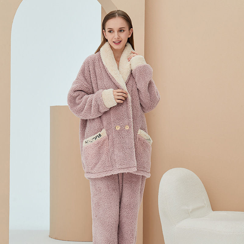 Womens Plush Pajamas Cardigan Set Loungewear-Pink