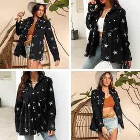 Star Print Jacket for Women Frayed Hem Distressed Denim Coat-Black