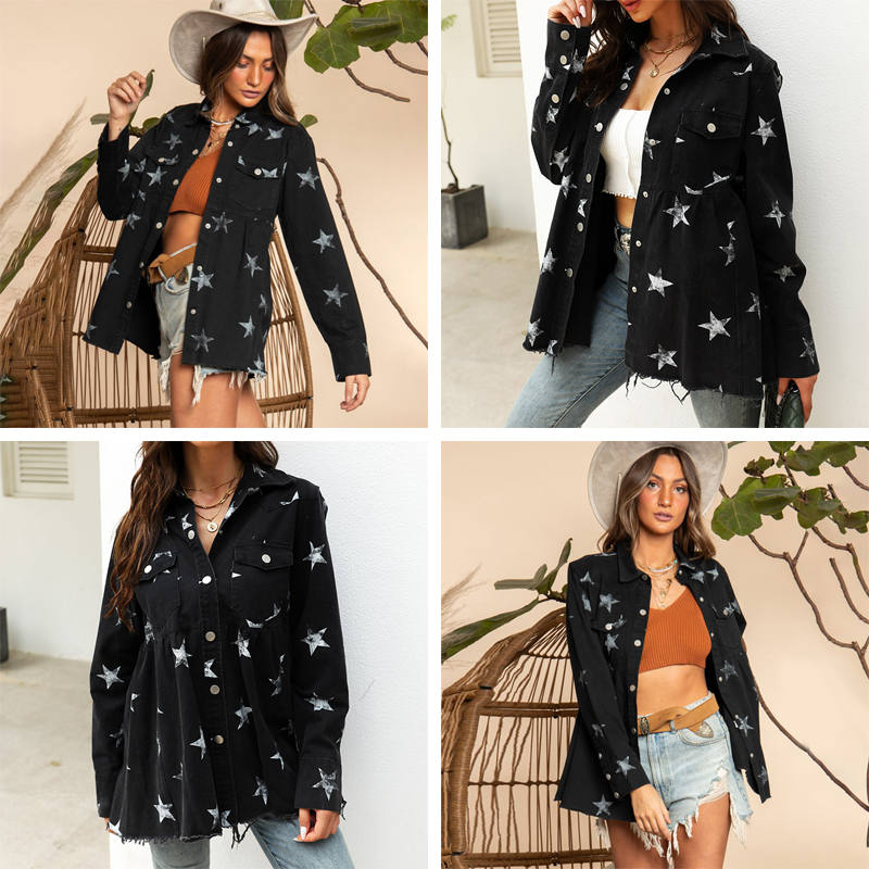 Star Print Jacket for Women Frayed Hem Distressed Denim Coat-Black