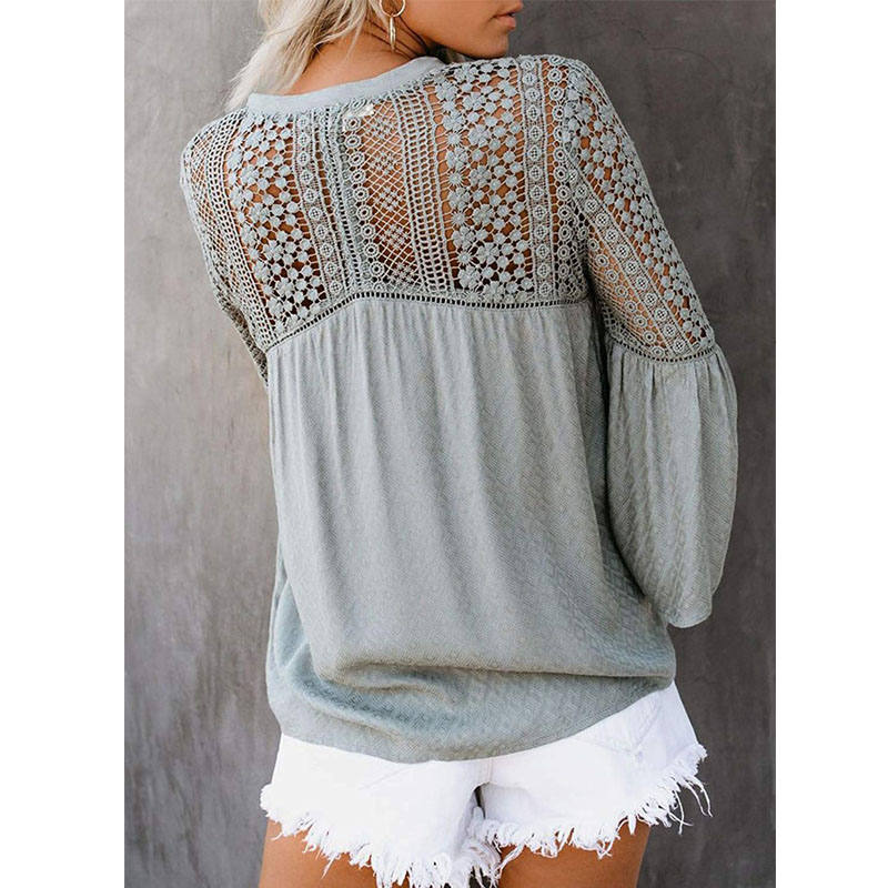 Womens V-neck Lace Crochet Shirt Flare Sleeve Buttoned Blouses-Gray