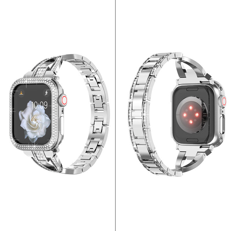 Bling Band Compatible Apple Watch with Case 38 40 42 44mm Rhinestone Cross Straps-Silver