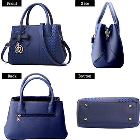 Fashion Womens PU Leather Embroidered Handbags Shoulder Tote Bags-Blue