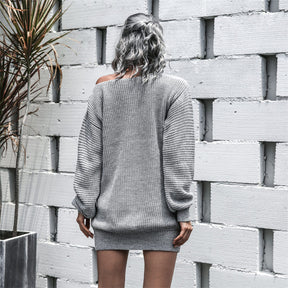 Womens Autumn Winter Off Shoulder Casual Loose Sweater Dress-Gray