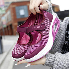 Women Casual Air Cushion Sneakers Velcro Mary Jane Shoes-Rose Red