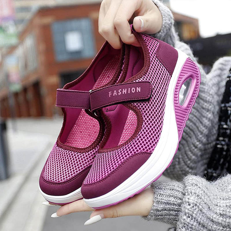 Women Casual Air Cushion Sneakers Velcro Mary Jane Shoes-Rose Red
