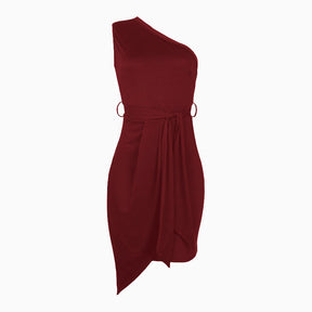 Solid Color Sleeveless Sloping Shoulder Strap Party Cocktail Dress-WineRed