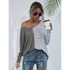 Womens Striped V-Neck Long Sleeve Tops-Grey