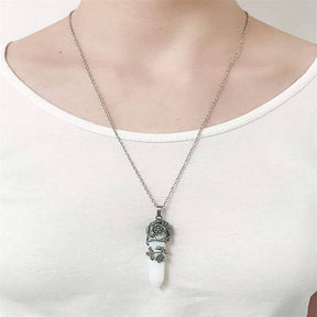 Antique Silver Flower Wrapped Crystal Necklace-Opalite