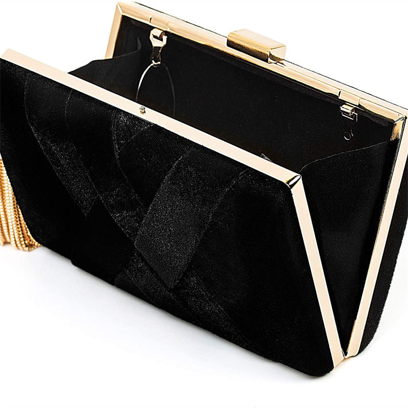 Womens Evening Clutch Bag Stain Fabric Bridal Purse For Wedding Prom Night Party-Black