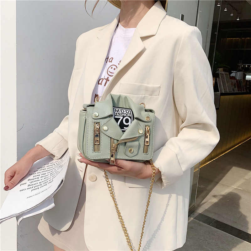 Women Motorcycle Jacket Crossbody Bag Punk Style Lapel Collar Satchel Bag-Green