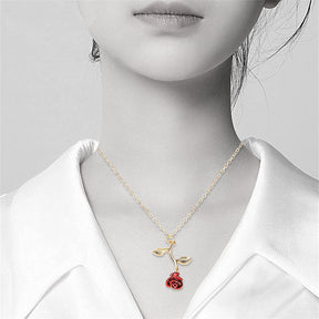 Womens Personalized Red Rose Pendant Necklace-Gold