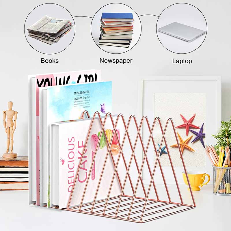 Files Folder Stand Desktop File Organizer Triangle Wire Magazine Holder Book Shelf 9 Slot File Sorter for Indoor Office Home -Pink