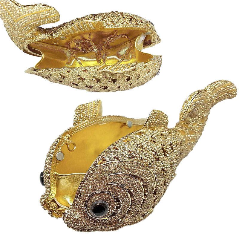 Mini Women Fish Evening Bags Crystal Clutch Purse Rhinestone Handbags with Chain-7