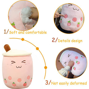 Plush Pillow Stuffed Toy Soft Lifelike Bubble Pearl Milk Tea Hugging Pillow-Pink Happy Eyes