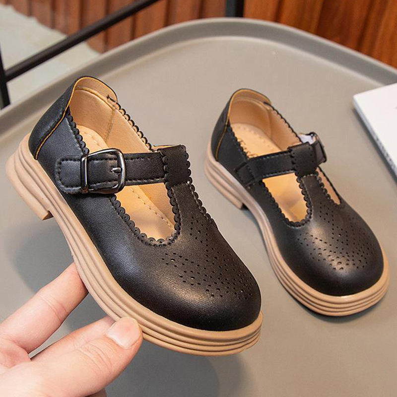 Toddlers Girls Brogues Shoes T-Strap Hook & Loop Retro Flats-Black