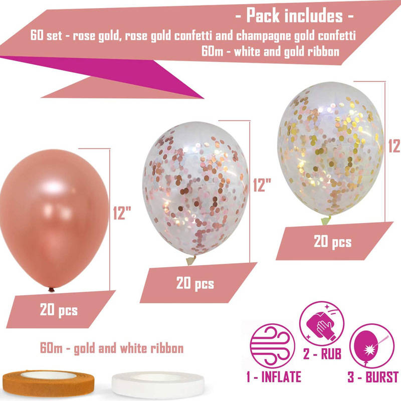 60 PACK Rose Gold Balloons + Confetti Balloons Rosegold Balloons for Parties Baby Shower Graduation Engagement Wedding