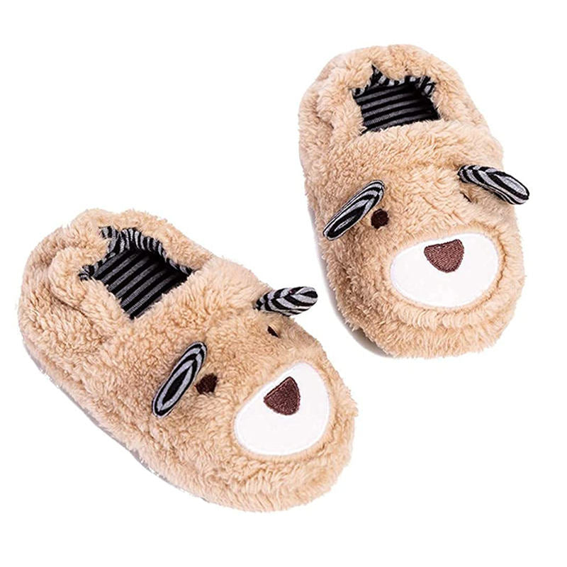 Toddler Boys Girls Slippers Cute Cartoon Bear Plush Warm Home Shoes-Beige