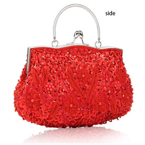 Beaded Sequin Design Flower Evening Purse Large Clutch Bag-Red