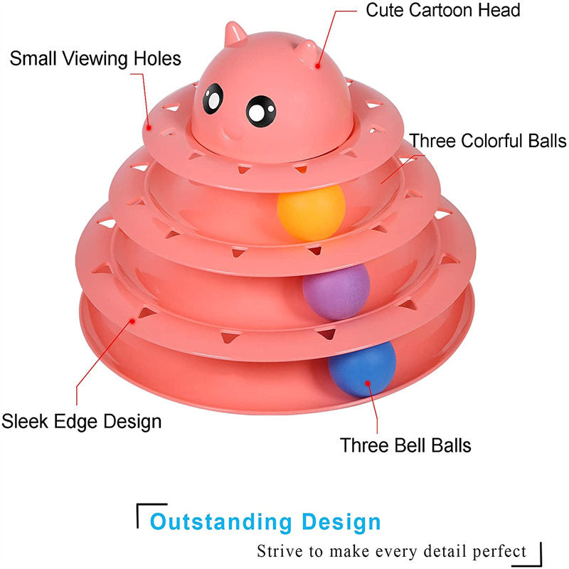 Cat Toy Roller 3-Level Turntable with Six Colorful Balls Interactive Puzzle Kitten Toys-Pink